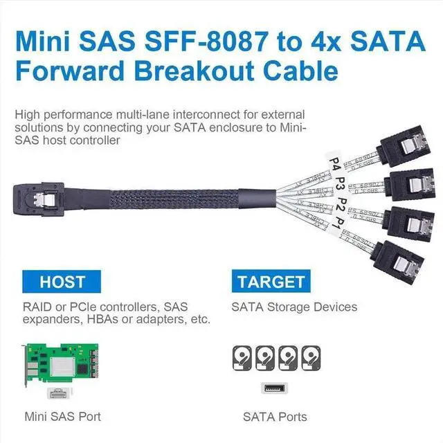 Alt view image 6 of 7 - 0.5m MiniSAS SFF-8087 Fan-Out Breakout Cable to 4xSATA with Latch Clip, Compatible with RAID Controller and Server Hard Drive