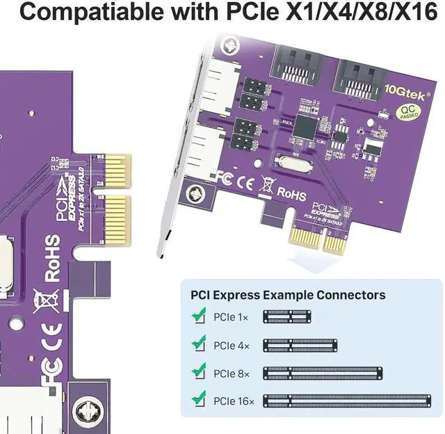 Alt view image 4 of 5 - 2 Port SATA 3.0 / eSATA 3.0 Non-RAID Controller Card PCIe X1 with 2 SATA Cables