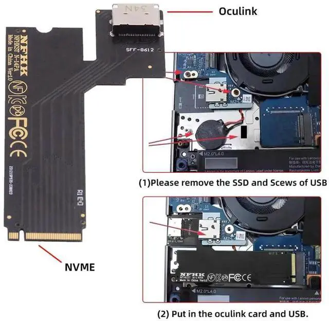 Alt view image 5 of 7 - PCIe 4.0 4X NVMe M.2 M-Key Male to Oculink SFF-8612 SFF-8611 Host Adapter, Compatible with 2022 2023 ThinkBook 14+ for SSD and External Graphics Card
