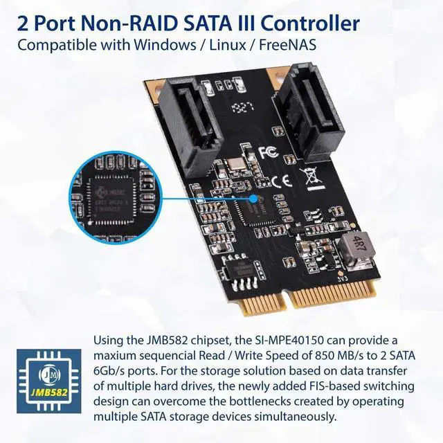 Alt view image 2 of 4 - M.2 22x42 PCIe to 2 Port SATA III Expansion Card, JMB582 Chipset, M.2 M-Key Slot SATA 3.0 Adapter SI-MPE40150