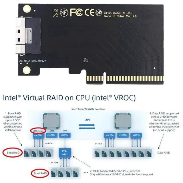 Alt view image 6 of 7 - Single External Slimline 74Pin SFF-8654 8X to PCIe 4.0 VROC RAID0 Hyper Adapter Card
