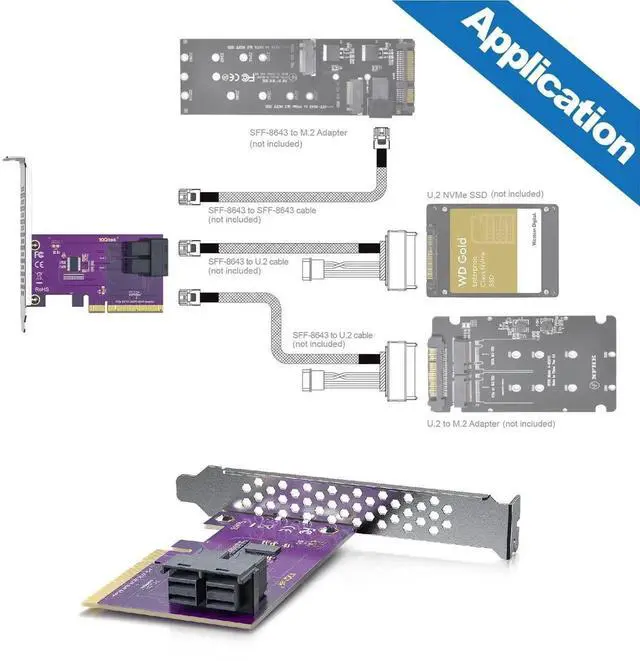 Alt view image 4 of 6 - PCIe 3.0 x8 to Dual SFF-8643 U.2 NVMe Adapter Card, Supports 2 U.2 SSDs with Bifurcation, Compatible Windows Linux ESXi for RAID Server Storage Upgrade