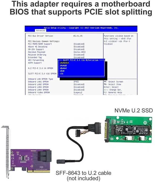 Alt view image 5 of 6 - PCIe 3.0 x8 to Dual SFF-8643 U.2 NVMe Adapter Card, Supports 2 U.2 SSDs with Bifurcation, Compatible Windows Linux ESXi for RAID Server Storage Upgrade