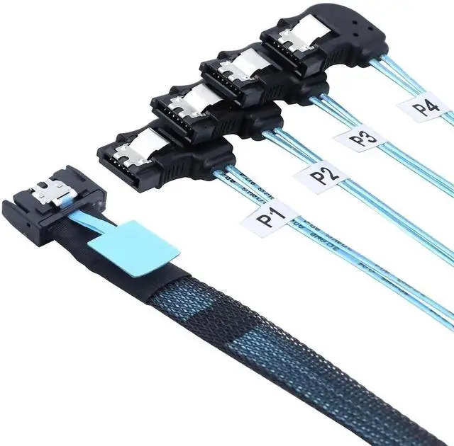 Alt view image 6 of 6 - PCIE Slimline Mini SAS MCIO SFF-8654 38Pin to 4X SATA Left Angle Hard Drive Cable 100CM