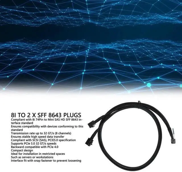 Alt view image 7 of 7 - 31.5 Inch 8i to 2 SFF-8643 Cable, PCIe 5.0 32GT/s MCIO X8 to Mini SAS HD SFF-8643 Cord for Server Data Center