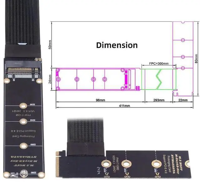 Alt view image 2 of 7 - M-Key NVMe Male to Female Extension Cable 30cm 90 Degree Right Angle PCI-E 4.0 Compatible with 2230/2242/2260/2280 SSD