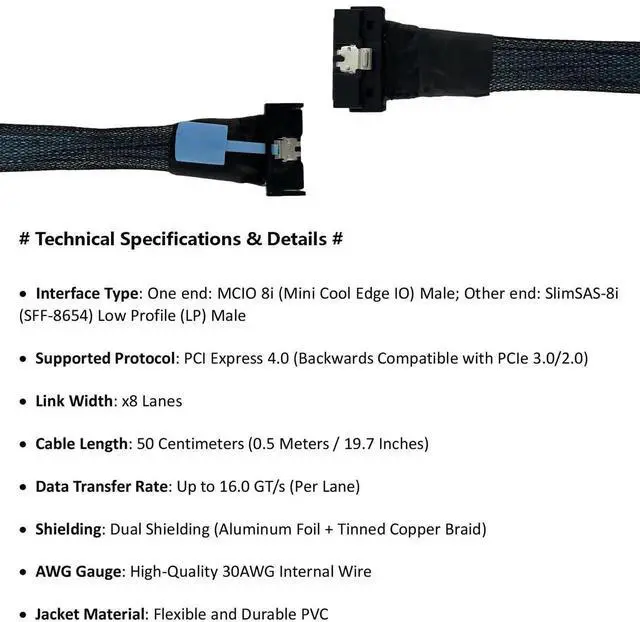 Alt view image 2 of 6 - MCIO 8i to SlimSAS LP Low Profile 8i PCIe 4.0 Cable, 74Pin MCIO to LP SlimSAS 8X Adapter Cable 50CM for Server Storage Backplane HBA RAID Card Workstation