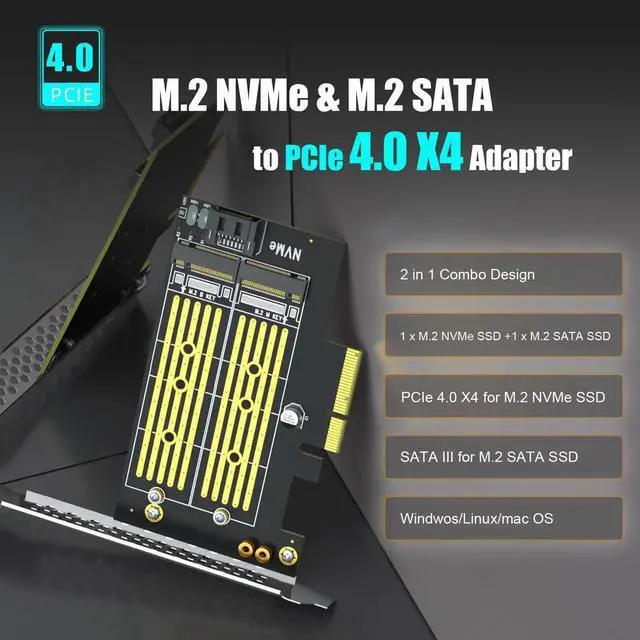 Alt view image 4 of 7 - PA12 Dual M.2 SSD PCIe X4 Adapter Card Without Heatsink, Supports 1×M.2 NVMe + 1×M.2 SATA SSD, PCIe 4.0 & NVMe System Boot Compatible
