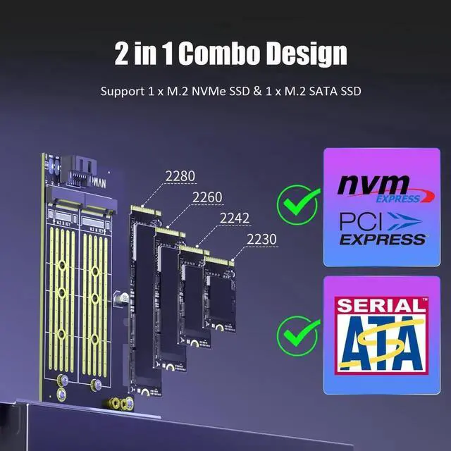 Alt view image 2 of 7 - PA12 Dual M.2 SSD PCIe X4 Adapter Card Without Heatsink, Supports 1×M.2 NVMe + 1×M.2 SATA SSD, PCIe 4.0 & NVMe System Boot Compatible