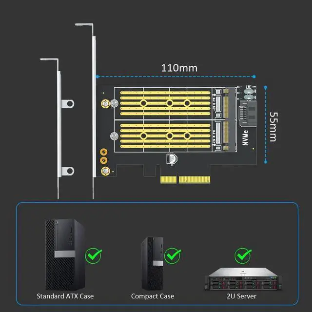 Alt view image 5 of 7 - PA12 Dual M.2 SSD PCIe X4 Adapter Card Without Heatsink, Supports 1×M.2 NVMe + 1×M.2 SATA SSD, PCIe 4.0 & NVMe System Boot Compatible