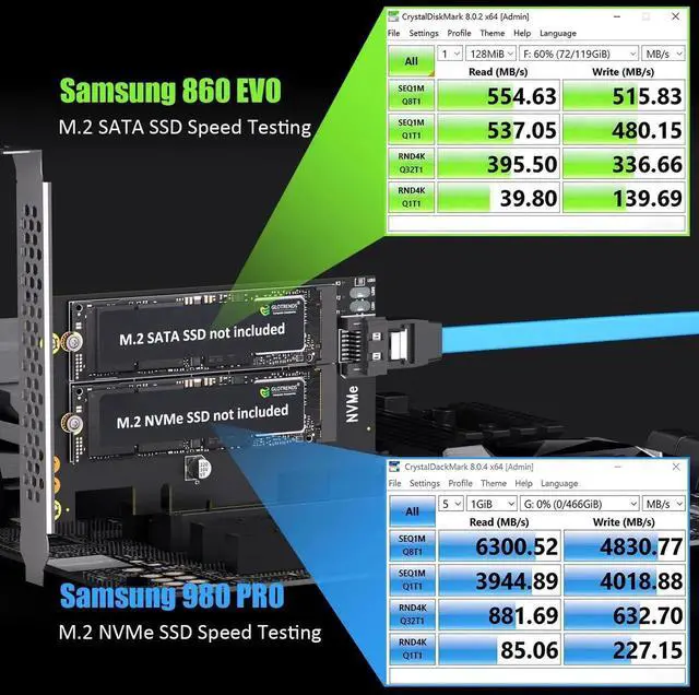 Alt view image 7 of 7 - PA12 Dual M.2 SSD PCIe X4 Adapter Card Without Heatsink, Supports 1×M.2 NVMe + 1×M.2 SATA SSD, PCIe 4.0 & NVMe System Boot Compatible