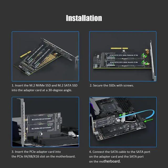 Alt view image 3 of 7 - PA12 Dual M.2 SSD PCIe X4 Adapter Card Without Heatsink, Supports 1×M.2 NVMe + 1×M.2 SATA SSD, PCIe 4.0 & NVMe System Boot Compatible