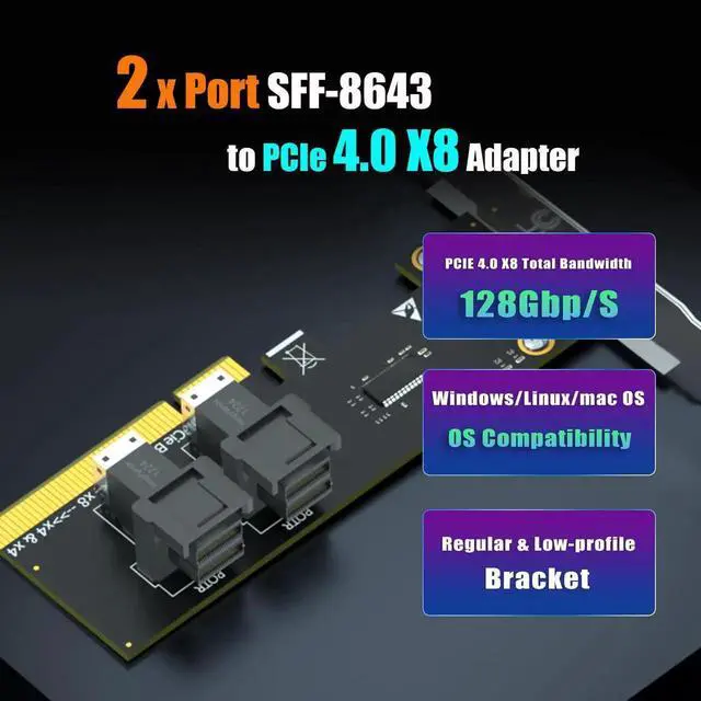 Alt view image 3 of 7 - SF02 2-Port SFF-8643 Mini-SAS HD to PCIe 4.0 X8 Adapter Card, Without PCIe Bifurcation, with Regular & Low Profile Bracket