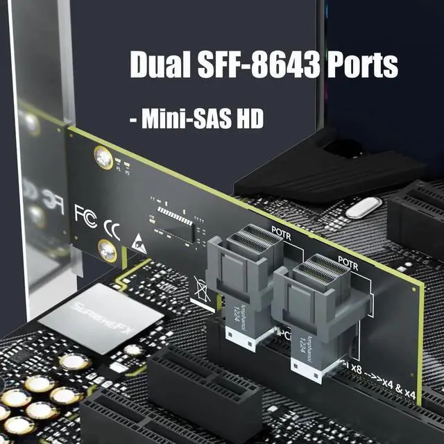 Alt view image 7 of 7 - SF02 2-Port SFF-8643 Mini-SAS HD to PCIe 4.0 X8 Adapter Card, Without PCIe Bifurcation, with Regular & Low Profile Bracket