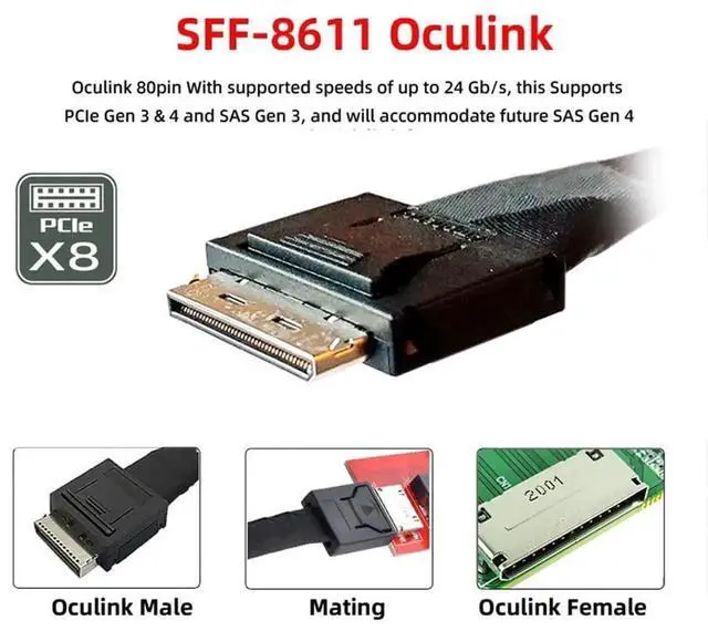Alt view image 3 of 7 - 50cm OCuLink SFF-8611 8X to Dual SFF-8611 4X Active PCIe SSD Data Cable