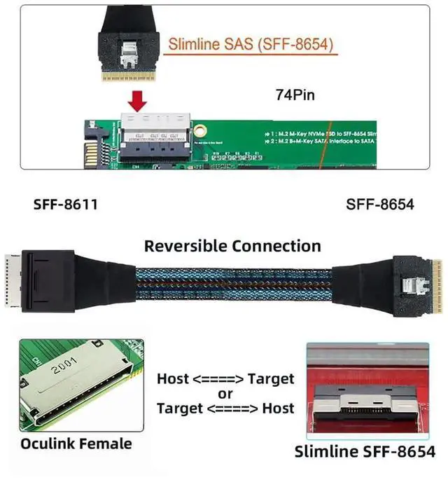 Alt view image 4 of 7 - 50cm OCuLink SFF-8611 8i to SFF-8654 8i 8X Slimline SSD Active Data Cable