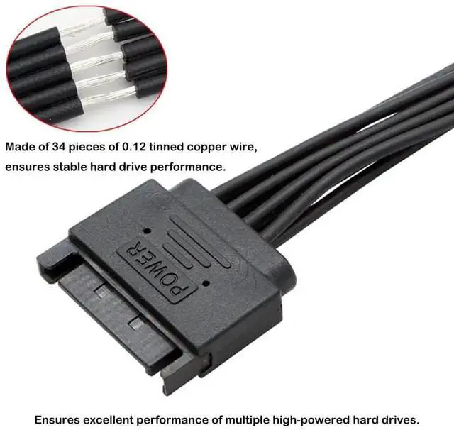 Alt view image 4 of 6 - 70cm 1 to 6 SATA Power Extension Cable, 15 Pin SATA Male to Female Splitter Extender Cord for HDD SSD Hard Drive PC Server Mining 30 Inch
