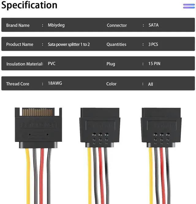 Alt view image 4 of 7 - 3 Pack 8 Inch 15 Pin SATA Power Splitter Cable, SATA Male to 2 Female Power Cord for HDD SSD Optical Drives