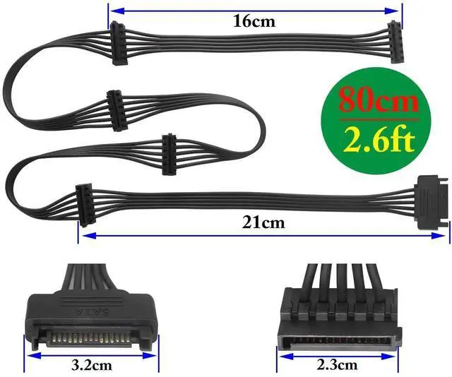 Alt view image 3 of 7 - 80cm 1 to 5 SATA 15Pin Power Y Splitter Cable, Male to 5 Female SATA Power Extension Cord for HDD SSD Optical Drive