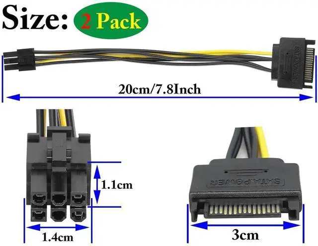 Alt view image 4 of 7 - 2 Pack 20cm SATA 15Pin Male to 6Pin Male PCI-E GPU Power Cable Reverse Graphics Card Power Adapter Cord