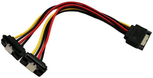 Main image of 90 Degree 15Pin SATA 1 to 2 Y Splitter Cable Latch Type Male to Dual Female Power Extension Cord