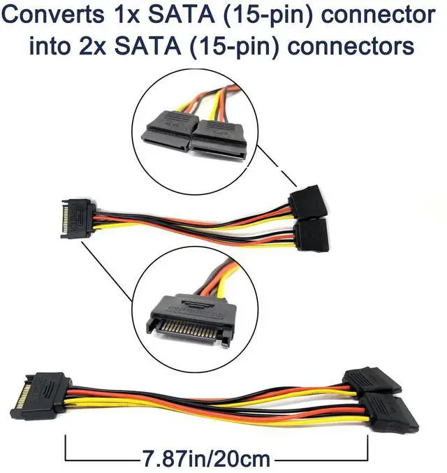 Alt view image 2 of 7 - 2Pcs 15Pin SATA Power Y Splitter Cable Male to Dual 15Pin Female for HDD SSD Hard Drive