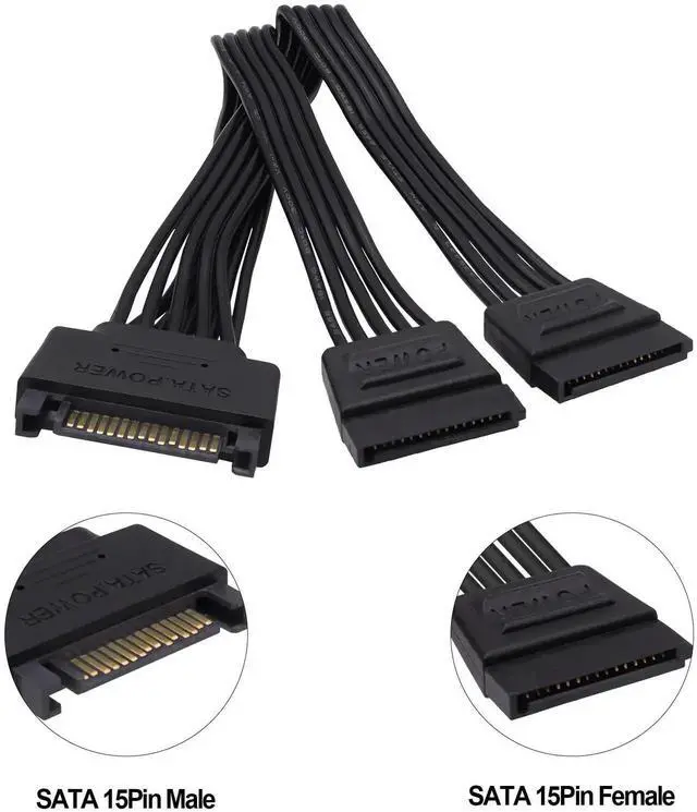 Alt view image 6 of 7 - 2Pcs 20cm 15Pin SATA Male to Dual Female Y Splitter Power Cable for HDD SSD