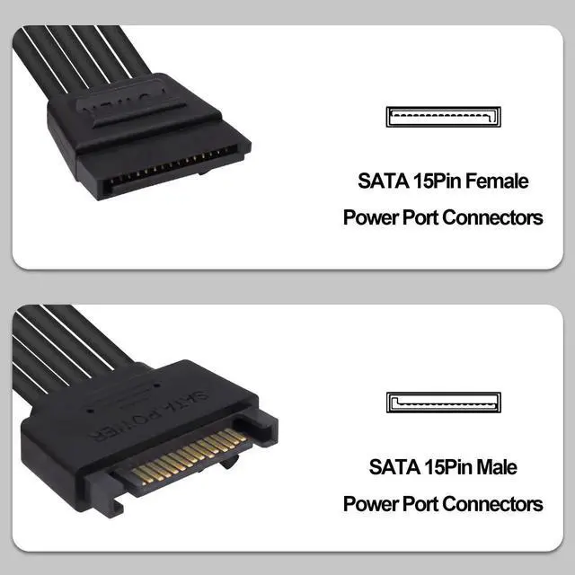 Alt view image 4 of 7 - 2Pcs 20cm 15Pin SATA Male to Dual Female Y Splitter Power Cable for HDD SSD