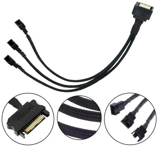 Alt view image 2 of 2 - 16 Inch Braided SATA to 3 Way Fan Splitter Cable 3/4 Pin PWM PC Case Fan Power Adapter Cord