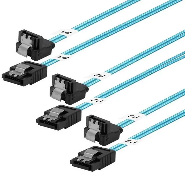 Main image of 3 Pack 12 Inch 0.3M Right Angle SATA III Cable 6Gbps 90 Degree SATA Data Cable with Lock Latch for SSD HDD PC Blue