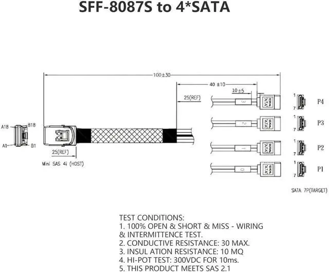 Alt view image 3 of 7 - 40 Inch mSAS SFF-8087 to 4 SATA Breakout Cable Server RAID Controller Hard Drive Backplane Cord