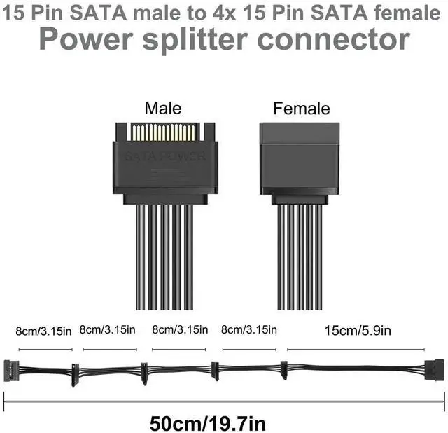 Alt view image 6 of 7 - 19.7 Inch 500mm Black 15Pin SATA 1 Male to 5 Female Power Splitter Cable for HDD SSD Optical Drive