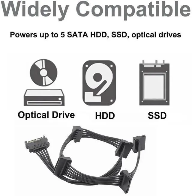 Alt view image 2 of 7 - 19.7 Inch 500mm Black 15Pin SATA 1 Male to 5 Female Power Splitter Cable for HDD SSD Optical Drive