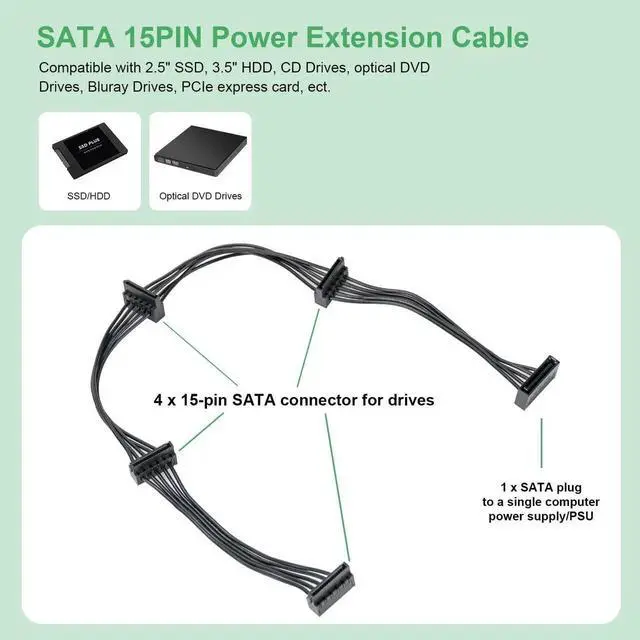 Alt view image 2 of 7 - 2 Pack 50cm 15Pin to 4 SATA Power Extension Cable for HDD SSD DVD Optical Drive