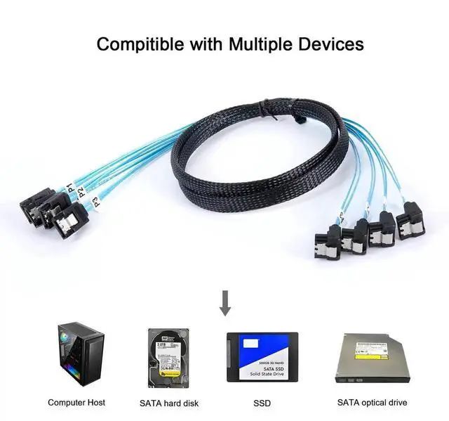 Alt view image 4 of 7 - 4 Pack 1M 3.3FT Thin SATA III 6Gbps 90 Degree Right Angle to Straight Data Cable for Server RAID SSD HDD Optical Drive