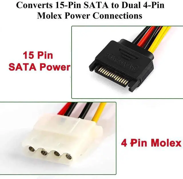 Alt view image 4 of 7 - 2 Pack 15Pin SATA Male to Dual 4Pin Molex IDE Female Y-Splitter Power Cable 7.87 Inch Hard Drive Power Extension Cord