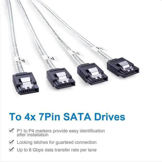 Alt view image 5 of 5 - 0.5M 1.6FT Mini SAS SFF-8087 to 4 SATA Internal Forward Breakout Cable with Latch for RAID Controller Hard Drive