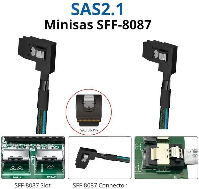 Alt view image 6 of 7 - 50cm 26 Inch 12Gbps SAS 3.0 Left Angle SFF-8087 Mini SAS Cable RAID Controller to Server Backplane Cord