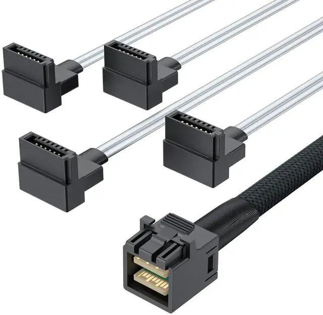 Main image of 0.5M 1.64ft SFF-8643 Mini SAS HD to 4 Right Angle SATA Breakout Cable with Sideband 12Gbps Server Internal Cable