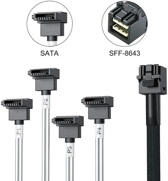 Alt view image 4 of 4 - 0.5M 1.64ft SFF-8643 Mini SAS HD to 4 Right Angle SATA Breakout Cable with Sideband 12Gbps Server Internal Cable