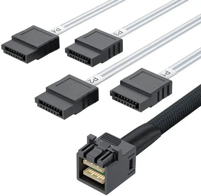 Main image of 1M 3.28ft SFF-8643 Mini SAS HD to 4 SATA Breakout Cable with Sideband Signal Server RAID Hard Drive Cable