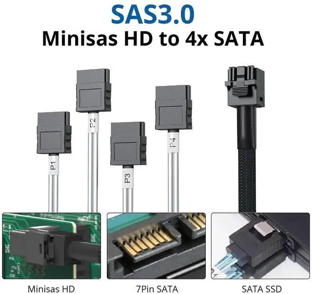 Alt view image 2 of 4 - 1M 3.28ft SFF-8643 Mini SAS HD to 4 SATA Breakout Cable with Sideband Signal Server RAID Hard Drive Cable