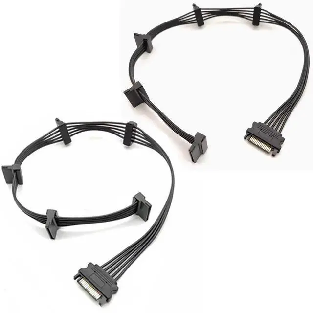 Main image of 2 Pack 500mm 19.7 Inch 15Pin SATA 1 to 5 Power Splitter Cable Black Internal PC Server HDD SSD Optical Drive Power Cord