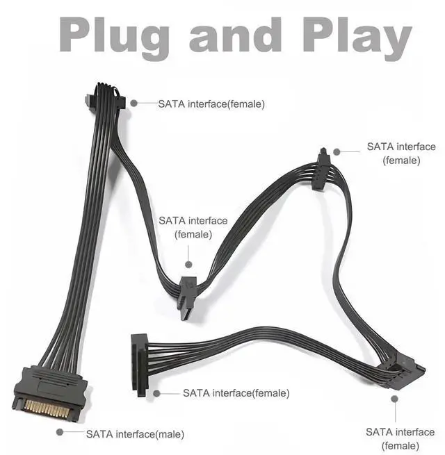 Alt view image 5 of 7 - 2 Pack 500mm 19.7 Inch 15Pin SATA 1 to 5 Power Splitter Cable Black Internal PC Server HDD SSD Optical Drive Power Cord