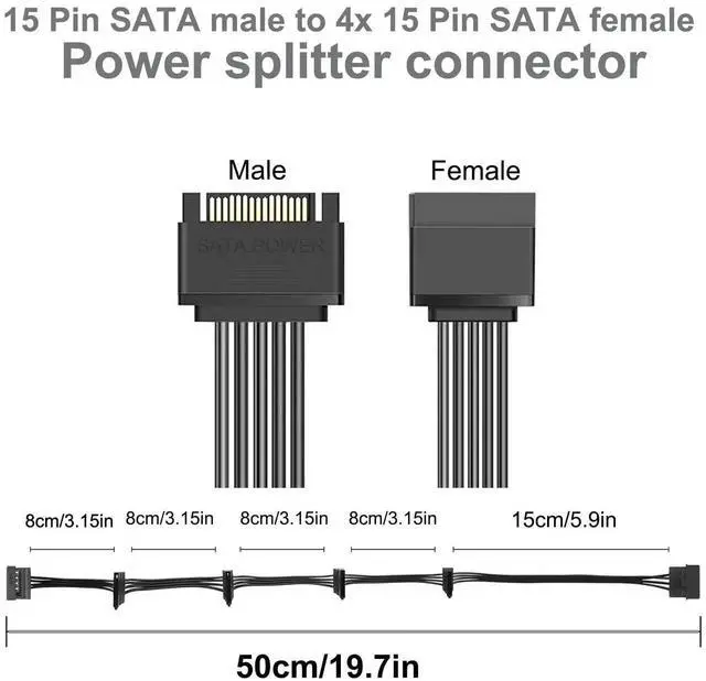 Alt view image 6 of 7 - 2 Pack 500mm 19.7 Inch 15Pin SATA 1 to 5 Power Splitter Cable Black Internal PC Server HDD SSD Optical Drive Power Cord