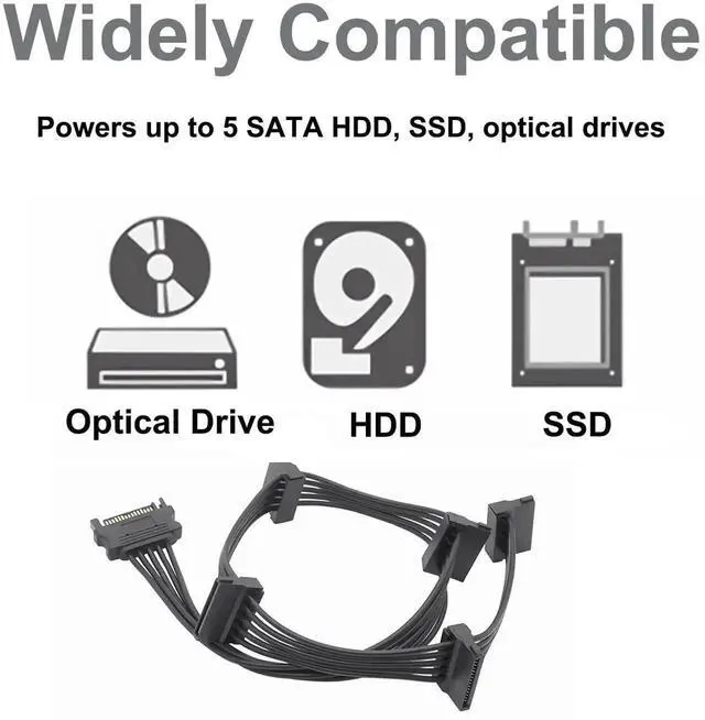 Alt view image 2 of 7 - 2 Pack 500mm 19.7 Inch 15Pin SATA 1 to 5 Power Splitter Cable Black Internal PC Server HDD SSD Optical Drive Power Cord