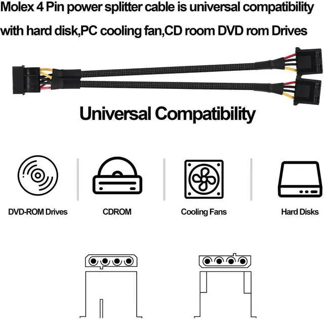 Alt view image 5 of 7 - 2PCS 20cm Molex 4Pin LP4 IDE Power Y Splitter Cable 1 Male to 2 Female D-Type Power Extension Cord for PC HDD Cooling Fan