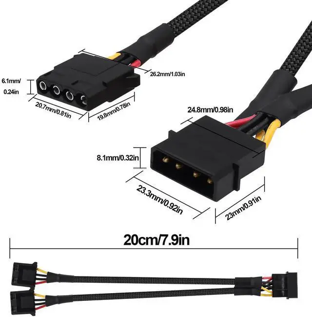 Alt view image 3 of 7 - 2PCS 20cm Molex 4Pin LP4 IDE Power Y Splitter Cable 1 Male to 2 Female D-Type Power Extension Cord for PC HDD Cooling Fan