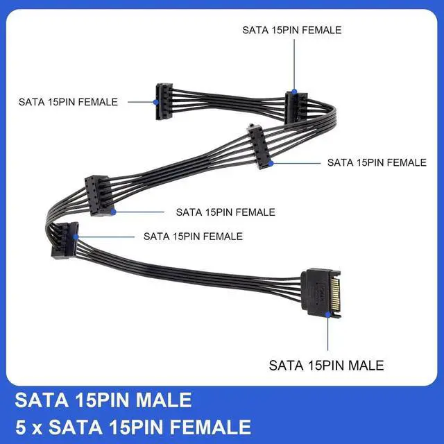 Alt view image 2 of 7 - 2 Pack 15Pin SATA to 5 Port SATA Power Splitter Cable 21 Inch HDD SSD Power Extension Cord