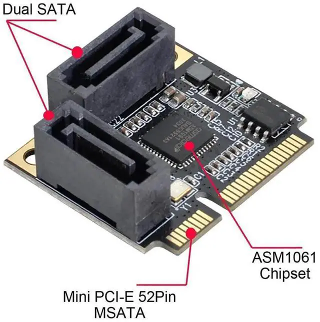 Alt view image 3 of 7 - Mini PCI-E to SATA 3.0 Dual Ports Adapter Card Hard Drive Expansion Card